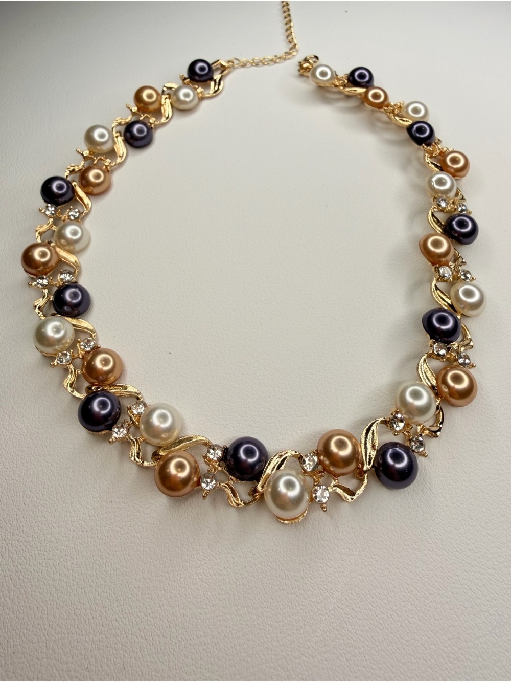 Gold Collar Necklace with Black, White and Champagne Pearls - Picture 7 of 8
